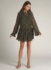 90511 LONG SLEEVE FLORAL PRINT WAIST TIE DRESS