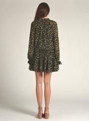 90511 LONG SLEEVE FLORAL PRINT WAIST TIE DRESS